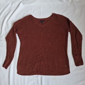American Eagle Outfitters V-Neck Sweater in Deep Rust XS Side Logo Knitted